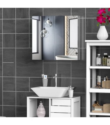 HOMCOM Bathroom Mirror Cabinet, Stainless Steel Wall Mounted Bathroom Storage Cabinet with Double Doors, 60x55cm