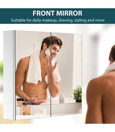 HOMCOM Bathroom Mirror Cabinet, Stainless Steel Wall Mounted Bathroom Storage Cabinet with Double Doors, 60x55cm