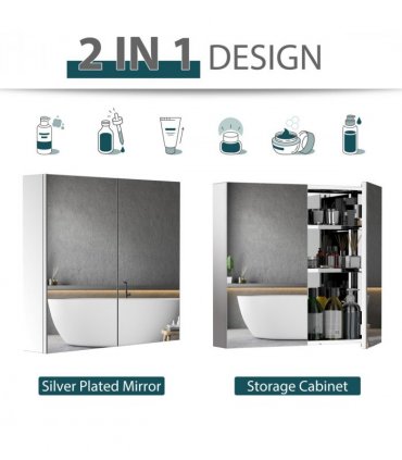 HOMCOM Bathroom Mirror Cabinet, Stainless Steel Wall Mounted Bathroom Storage Cabinet with Double Doors, 60x55cm