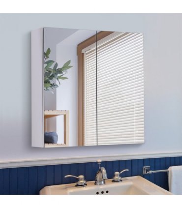 HOMCOM Bathroom Mirror Cabinet, Stainless Steel Wall Mounted Bathroom Storage Cabinet with Double Doors, 60x55cm
