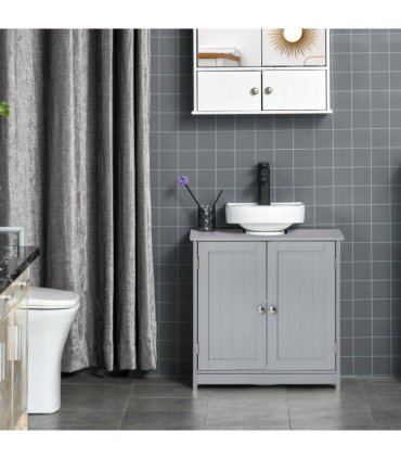 kleankin 60x60cm Under-Sink Storage Cabinet  Adjustable Shelf Drain Hole Grey