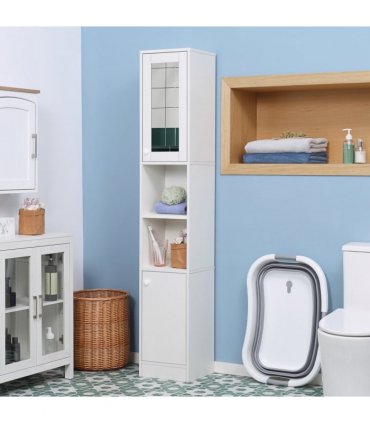 Bathroom Storage Cabinet White Particle Board Tallboy Adjustable Shelves Mirror