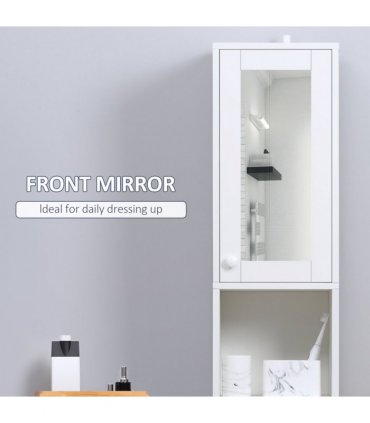 Bathroom Storage Cabinet White Particle Board Tallboy Adjustable Shelves Mirror
