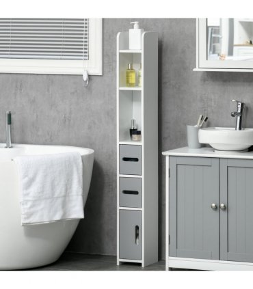 kleankin Freestanding Tall Bathroom Cabinet W/ Open Shelves 3 Cupboards, Grey