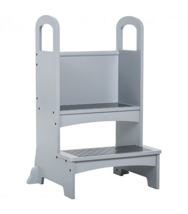 Kids Wooden 2-Step Stool Mini Ladder Assistance Unit Grey 80H x 45L x 40Wcm