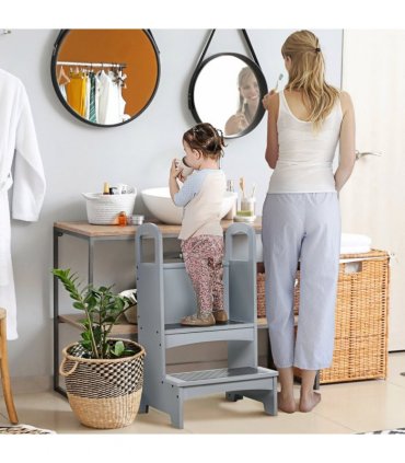 Kids Wooden 2-Step Stool Mini Ladder Assistance Unit Grey 80H x 45L x 40Wcm
