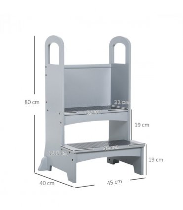 Kids Wooden 2-Step Stool Mini Ladder Assistance Unit Grey 80H x 45L x 40Wcm