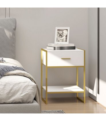 Modern Bedside Table Side Table Nightstand w/ Drawer Shelf White Gold