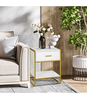 Modern Bedside Table Side Table Nightstand w/ Drawer Shelf White Gold