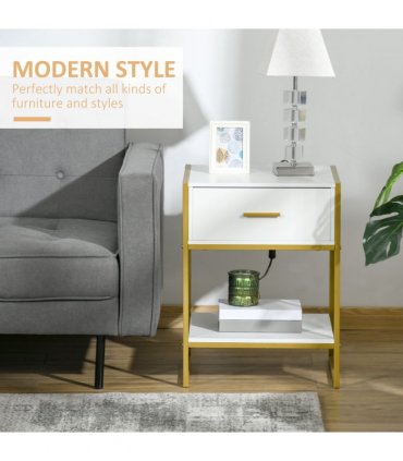 Modern Bedside Table Side Table Nightstand w/ Drawer Shelf White Gold