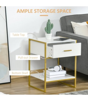 Modern Bedside Table Side Table Nightstand w/ Drawer Shelf White Gold