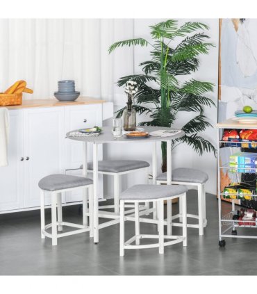Modern Round Dining Table Set with 4 Upholstered Stools for Dining Room