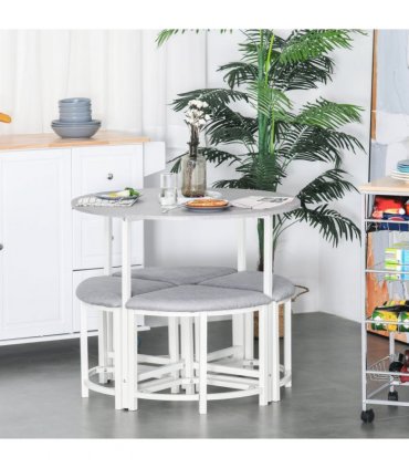 Modern Round Dining Table Set with 4 Upholstered Stools for Dining Room