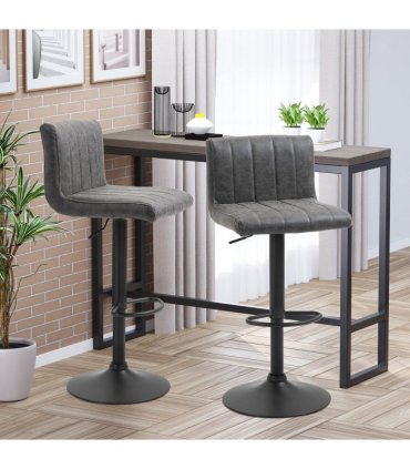 Barstools Set of 2 Adjustable Height Bar Chairs with Footrest, Grey PU LEATHER