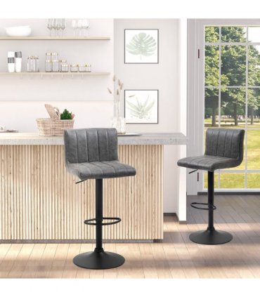 Barstools Set of 2 Adjustable Height Bar Chairs with Footrest, Grey PU LEATHER