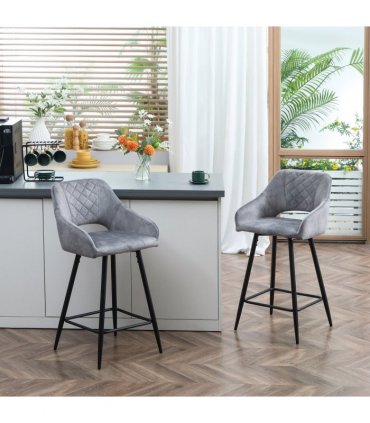 HOMCOM Bar Stools Set of 2, Velvet-Touch Fabric Counter Height Bar Chairs Grey