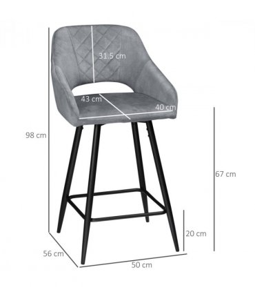 HOMCOM Bar Stools Set of 2, Velvet-Touch Fabric Counter Height Bar Chairs Grey