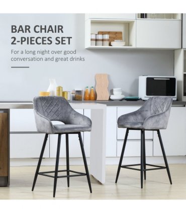 HOMCOM Bar Stools Set of 2, Velvet-Touch Fabric Counter Height Bar Chairs Grey