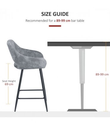 HOMCOM Bar Stools Set of 2, Velvet-Touch Fabric Counter Height Bar Chairs Grey