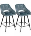 Bar Stools Set of 2, Velvet-Touch Fabric Counter Height Bar Chairs Blue HOMCOM