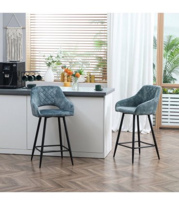 Bar Stools Set of 2, Velvet-Touch Fabric Counter Height Bar Chairs Blue HOMCOM
