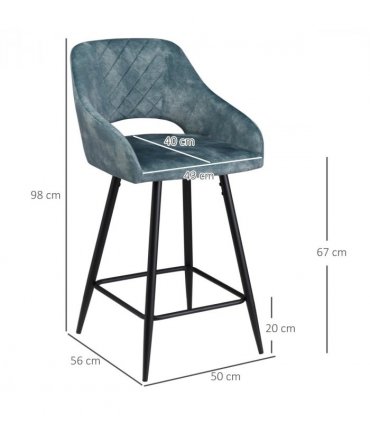 Bar Stools Set of 2, Velvet-Touch Fabric Counter Height Bar Chairs Blue HOMCOM