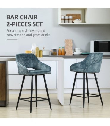 Bar Stools Set of 2, Velvet-Touch Fabric Counter Height Bar Chairs Blue HOMCOM