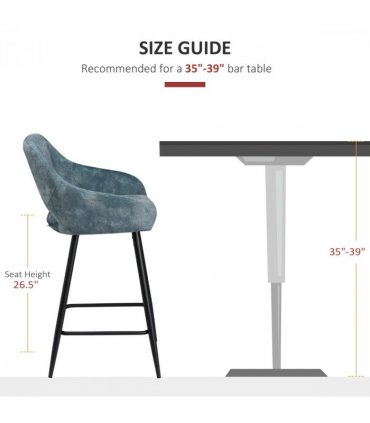 Bar Stools Set of 2, Velvet-Touch Fabric Counter Height Bar Chairs Blue HOMCOM