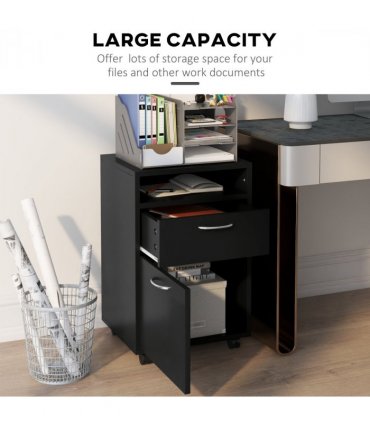 HOMCOM 60cm Storage Cabinet w/ Drawer Open Shelf Metal Handles 4 Wheels Black
