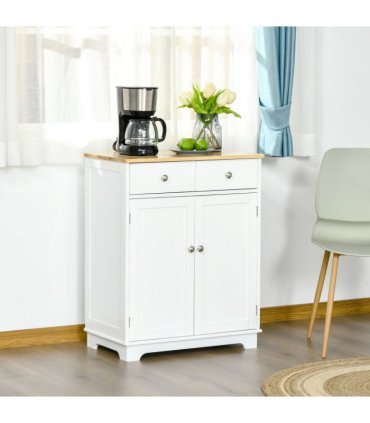 HOMCOM Rubber Wood Top Kitchen Cupboard Side Cabinet Island w/Adjustable Shelf