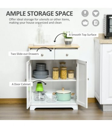 HOMCOM Rubber Wood Top Kitchen Cupboard Side Cabinet Island w/Adjustable Shelf