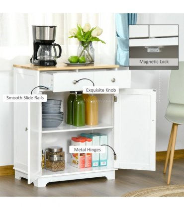 HOMCOM Rubber Wood Top Kitchen Cupboard Side Cabinet Island w/Adjustable Shelf