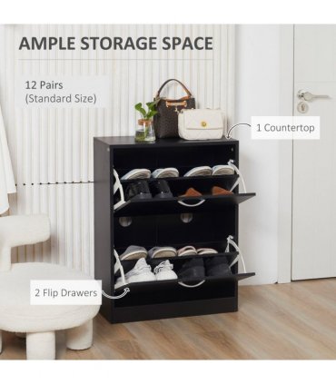 Shoe Cabinet Storage Cupboard 2-Tier Wood 12 Pairs  Black Cabinet