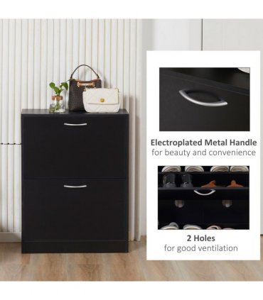 Shoe Cabinet Storage Cupboard 2-Tier Wood 12 Pairs  Black Cabinet