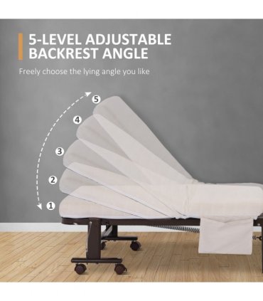 Folding Bed with Mattress & Wheels, Adjustable Backrest, Brown