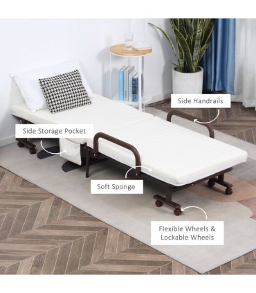 Folding Bed with Mattress & Wheels, Adjustable Backrest, Brown