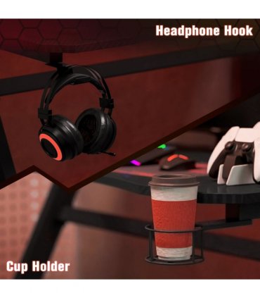 Gaming Desk Steel Frame Cup Headphone Holder Adjustable Feet Home Black