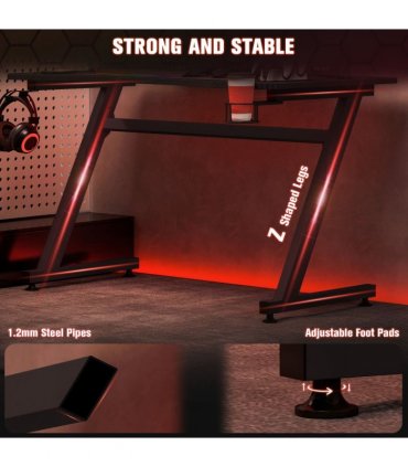 Gaming Desk Steel Frame Cup Headphone Holder Adjustable Feet Home Black
