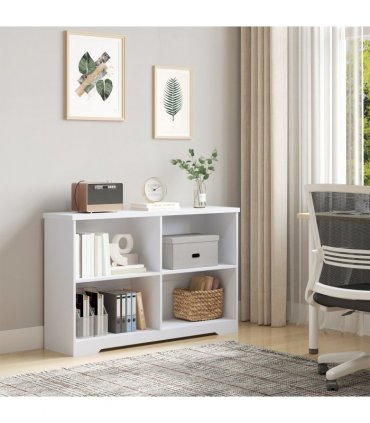 Office Bookcase White 4-Compartment Low Shelves Cube Display Adjustable