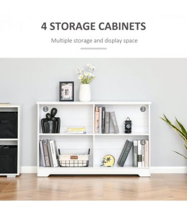 Office Bookcase White 4-Compartment Low Shelves Cube Display Adjustable