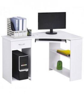 L-Shaped Corner Computer Desk w/ 2 Shelves Worktop Keyboard Tray White
