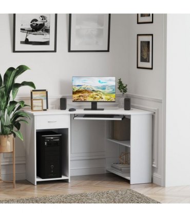 L-Shaped Corner Computer Desk w/ 2 Shelves Worktop Keyboard Tray White