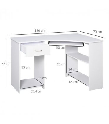 L-Shaped Corner Computer Desk w/ 2 Shelves Worktop Keyboard Tray White