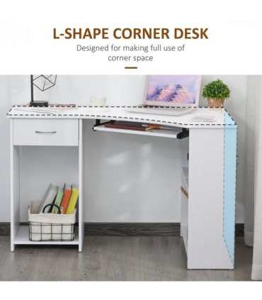 L-Shaped Corner Computer Desk w/ 2 Shelves Worktop Keyboard Tray White