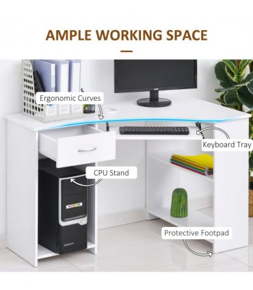 L-Shaped Corner Computer Desk w/ 2 Shelves Worktop Keyboard Tray White