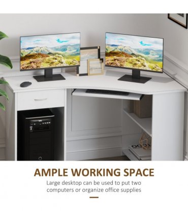 L-Shaped Corner Computer Desk w/ 2 Shelves Worktop Keyboard Tray White