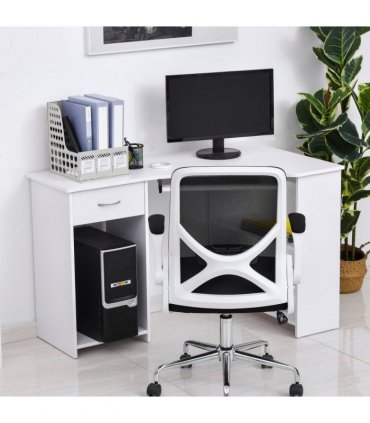L-Shaped Corner Computer Desk w/ 2 Shelves Worktop Keyboard Tray White