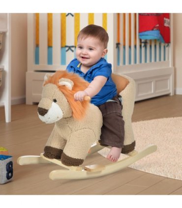 Kids Rocking Lion Plush Ride On Seat Wood Brown 68L x 35W x 50H cm
