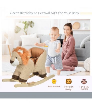 Kids Rocking Lion Plush Ride On Seat Wood Brown 68L x 35W x 50H cm