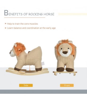 Kids Rocking Lion Plush Ride On Seat Wood Brown 68L x 35W x 50H cm